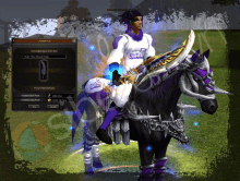 a man wearing a twitch shirt is riding a black horse