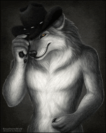 a black and white drawing of a furry wolf wearing a cowboy hat by southernwolf