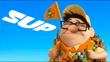 a cartoon character from up holding a flag