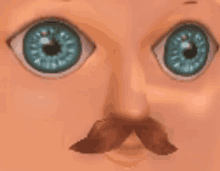 a close up of a doll 's face with blue eyes and a brown mustache .