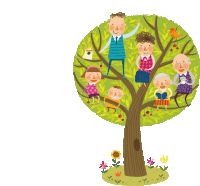 a cartoon illustration of a family sitting on a tree branch