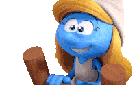 a smurf with blonde hair is holding a wooden post