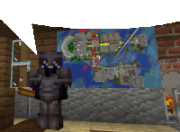 a minecraft character stands in front of a map of a city