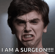 a young man making a funny face with the words i am a surgeon written below him