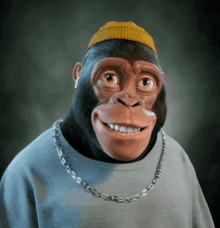 a gorilla wearing a hat and a chain around its neck