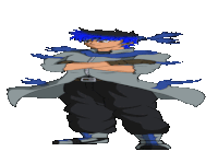 a pixel art of a man with blue hair and a g on his belt