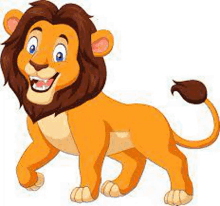 a cartoon lion is standing and smiling on a white background .