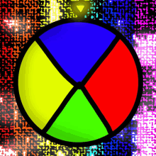 a colorful circle with a triangle in the center is surrounded by a colorful background