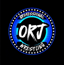 a logo for professional wrestling orj in a blue circle on a black background