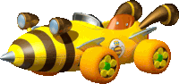 a yellow and brown bee shaped vehicle with a crown on the front