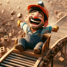 a cartoon of a man wearing overalls and a hard hat is riding a roller coaster