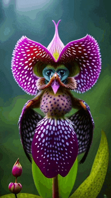 a purple flower that looks like a bird with a pink beak