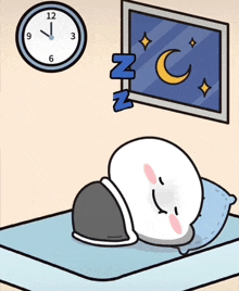 a cartoon drawing of a person sleeping with a clock and a picture of a moon