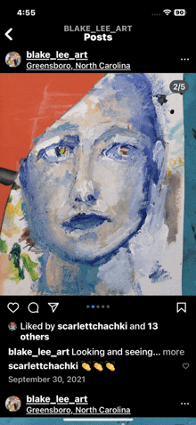 a phone screen shows a painting of a woman and says blake lee art