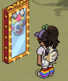 a pixel art drawing of a person looking at a mirror with a clown in it