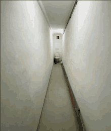 a very long hallway with a toilet in the middle of it