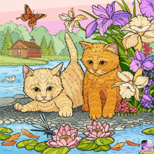 a painting of two kittens surrounded by flowers and fish