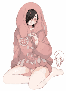 a drawing of a girl wearing a pink fur coat