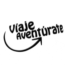 a black and white logo for viaje aventurate with a arrow pointing to the right .