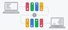 a diagram showing the steps of a puzzle being solved on two laptops