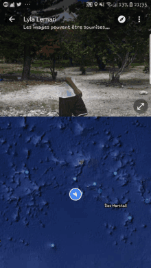 a phone screen shows a person standing on a beach and a map showing the location of isles marshall