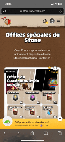 a phone screen shows an advertisement for offres speciales du store clash of clans