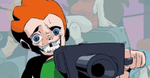 a cartoon character is holding a camera with a woman in the background