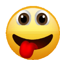 a yellow smiley face with big eyes sticking out its tongue