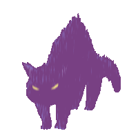 a drawing of a purple cat with yellow eyes on a white background