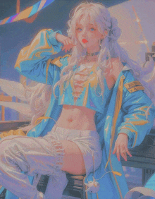 a painting of a girl with white hair wearing a blue jacket that says ' antarctica ' on the sleeve