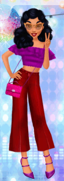 a girl wearing a purple top and red pants giving a peace sign