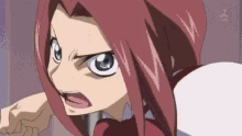 a cartoon girl with red hair and blue eyes is making a funny face