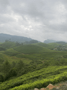 a lush green valley with mountains in the background and a cloudy sky