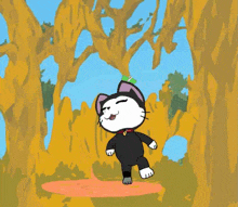 a cartoon cat is walking through a forest