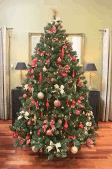 a christmas tree is sitting in a living room decorated with red and white decorations .