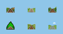 a set of train tracks with a mountain and trees in the background