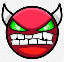 a red devil smiley face with green eyes