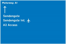 a blue sign that says motorway a1 and sendengate sendengate int a2 access