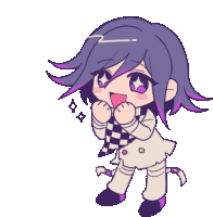 a chibi drawing of a girl with purple hair and a checkered outfit