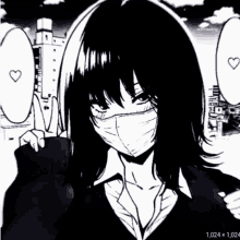 a black and white drawing of a girl with a mask on