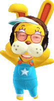 a yellow bunny wearing overalls and headphones with a star on his chest