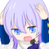 a girl with purple hair and blue eyes holds her head