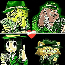 a collage of four cartoon characters holding money in their hands