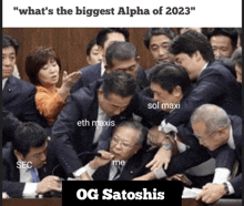 a group of men in suits are having a fight and the caption says " what 's the biggest alpha of 2023 "