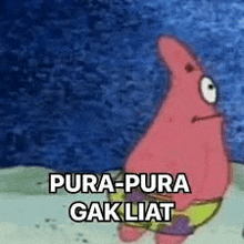 patrick star from spongebob squarepants is standing on a beach with a blue background and says pura pura ga lihat .