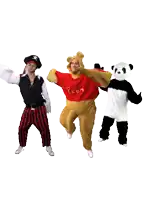 a man in a winnie the pooh costume is standing next to a panda and a pirate