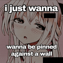 a picture of a girl with a caption that says i just wanna wanna be pinned against a wall