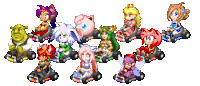 a group of video game characters are sitting on a row of karts