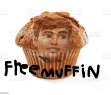 a cupcake with a picture of a man 's face on it and the words free muffin written on it