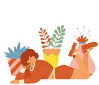 an illustration of a woman laying on the floor with potted plants